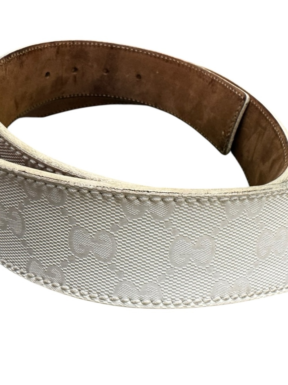 Gucci Cream Monogram Canvas Belt with Silver Double G Buckle - Picture 8 of 11